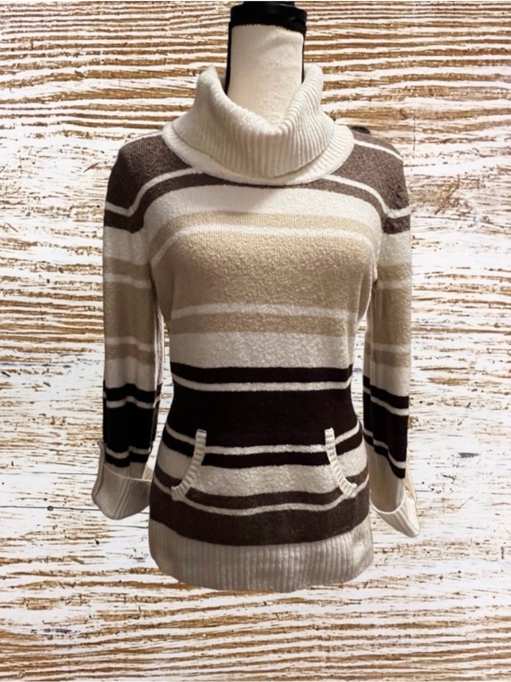 Style & Co. Striped Cowl Neck Knit Sweater Medium Neutral Kangaroo Pocket - Picture 14 of 14